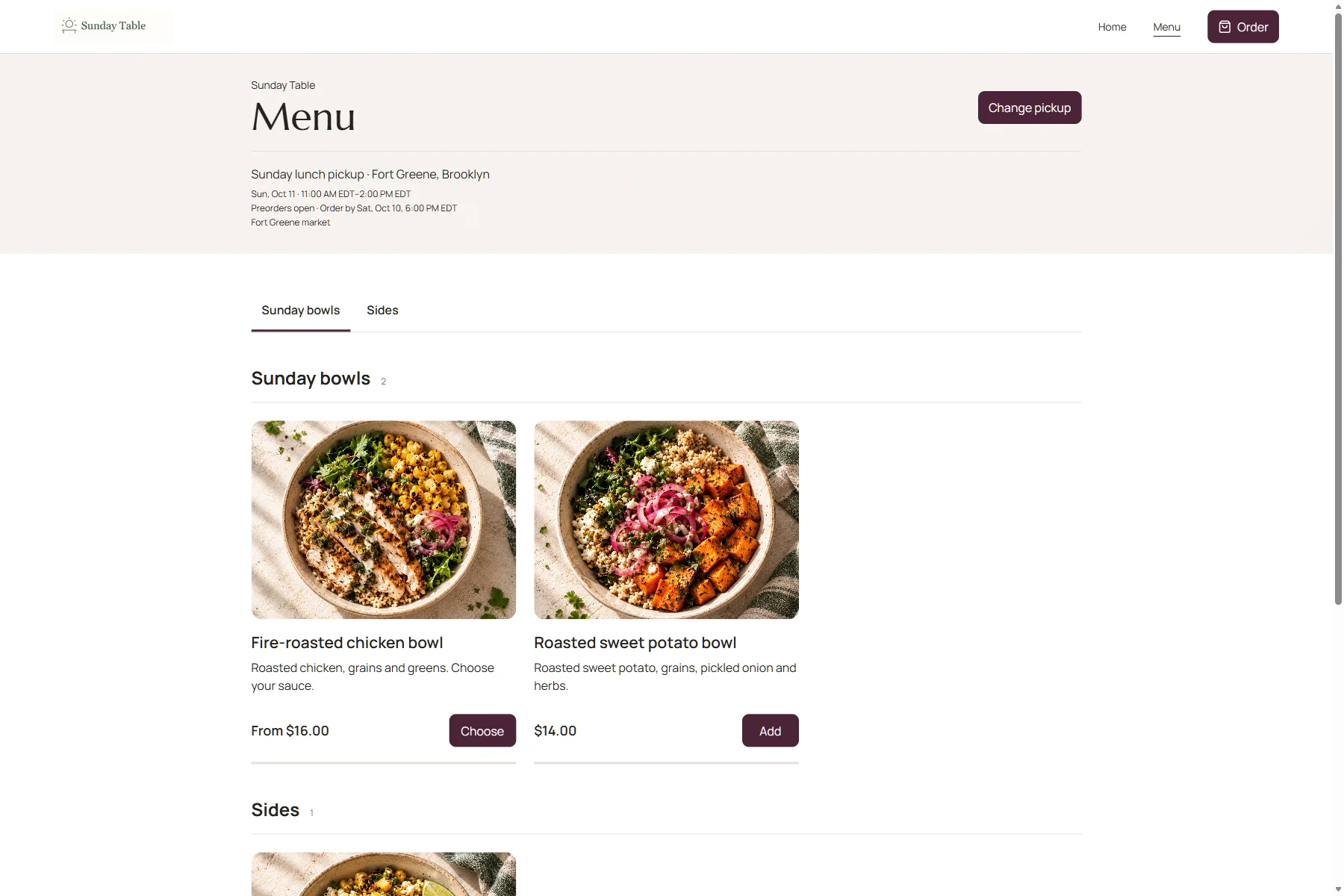 Sunday Table customer menu with food photos, a selected Sunday pickup, product prices, and order controls