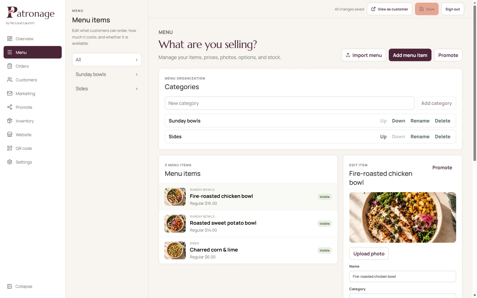 Patronage merchant workspace with the Sunday Table menu, product photos, prices, and availability controls