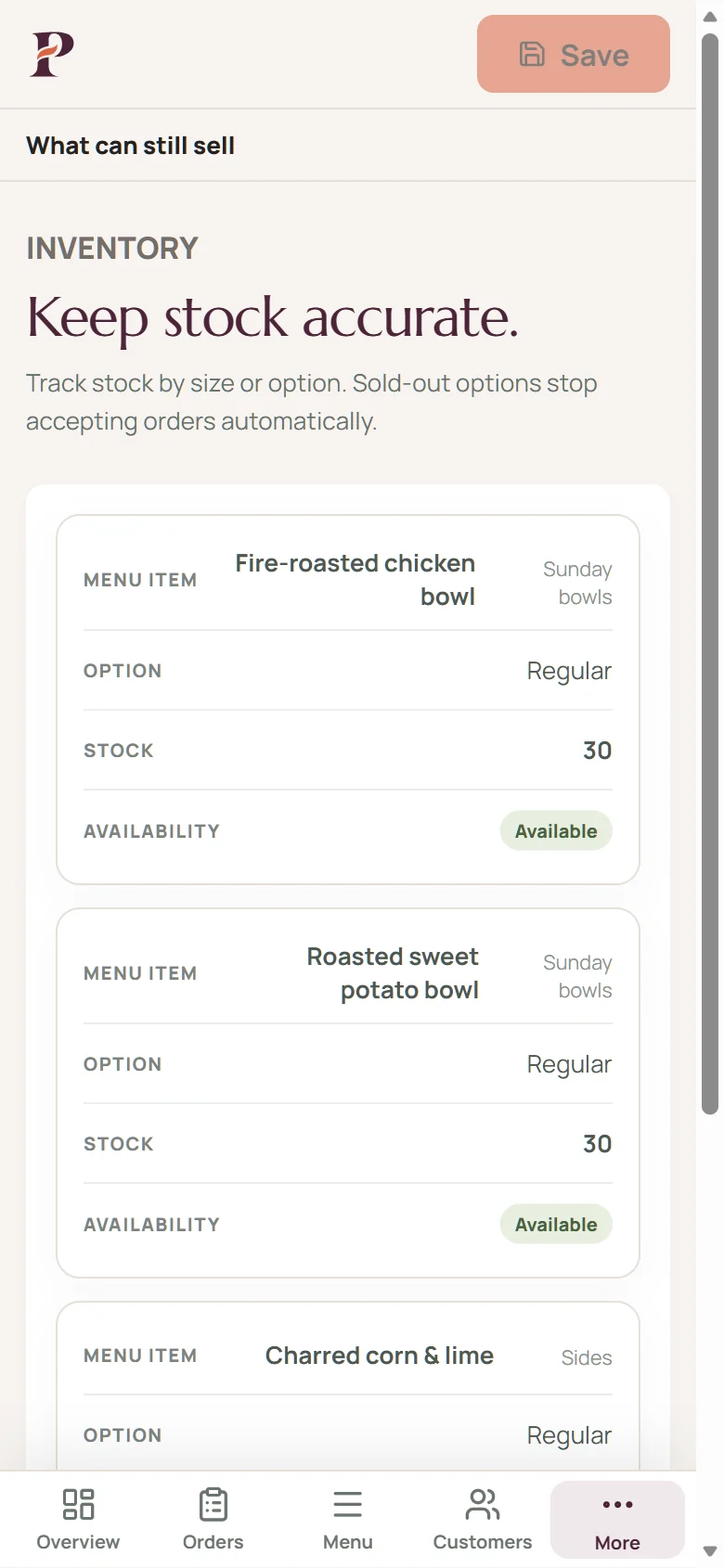 Patronage inventory on a phone, showing stock and availability by product option, with bottom navigation
