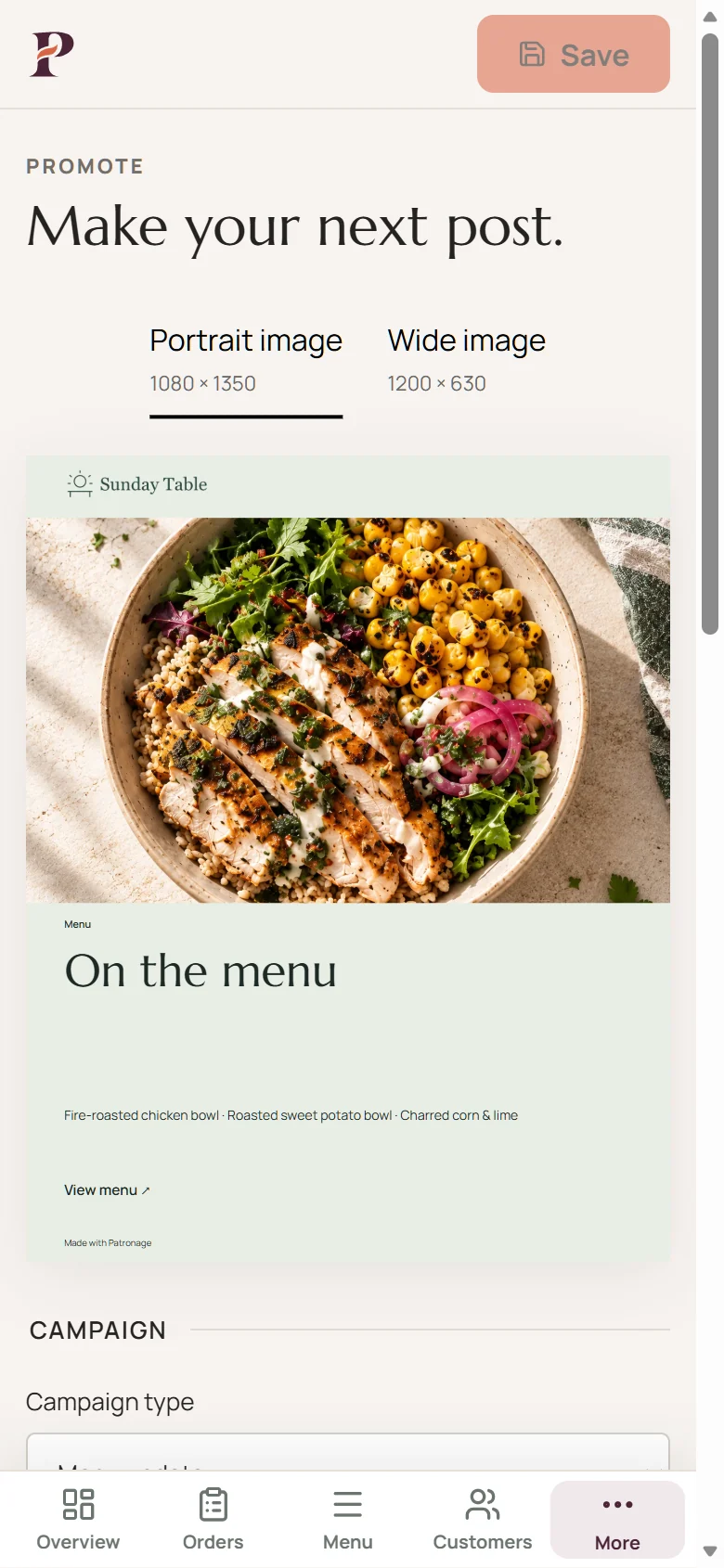 Patronage Promote workspace on a phone, showing a ready-to-share Sunday Table creative with food photography and a direct menu call to action